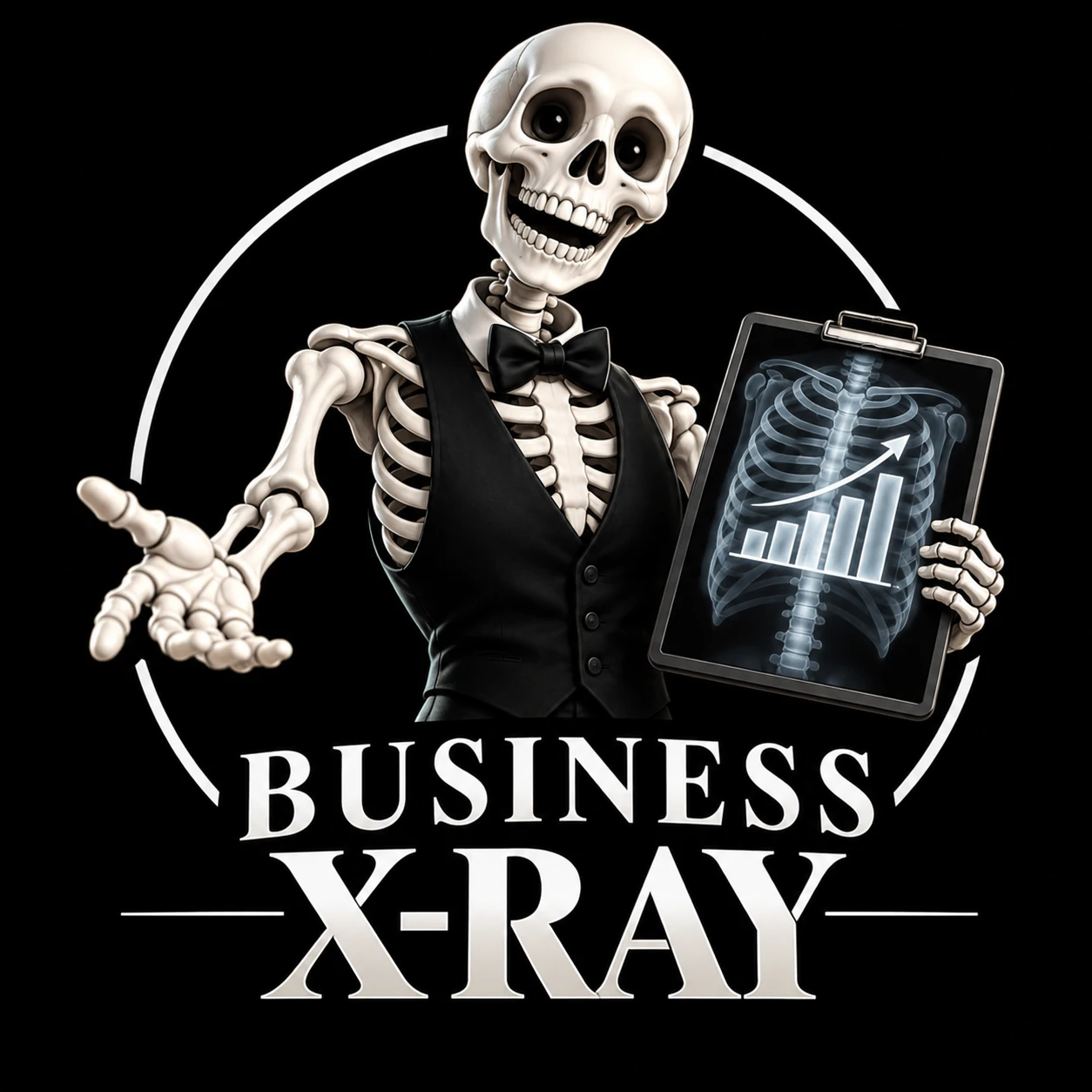 Friendly Business X-Ray skeleton in a vest and bowtie holding a clipboard